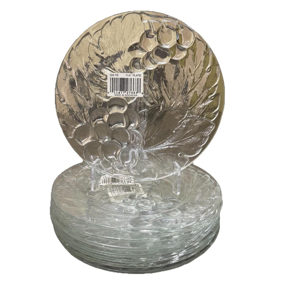 KIG Indonesia Clear Glass 7 1/4" Salad Bread Plate Grape Embossed Set of 8 New